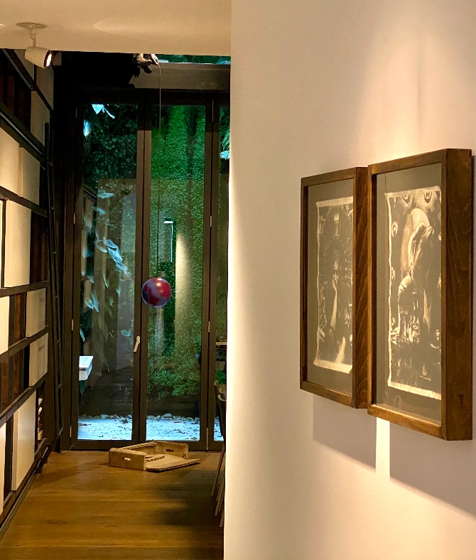 Image of the first artwork purchased at Liste at Füsun Eczacıbaşı's home:  Ian Tweedy, Mucha and Machine (1), 2011. Oil on 18th Century Paper, 23.5 x 35.5 cm and Ian Tweedy, Mucha and Machine (3), 2011. Oil on 18th Century Paper, 23.5 x 35.5 cm, Credit: Füsun Eczacıbaşı
