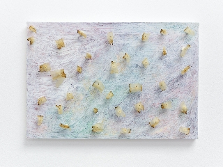 Whitney Claflin, civ, 2018, 28 × 40 cm, Acrylic, cigarette filters, wire, cigarette papers on linen