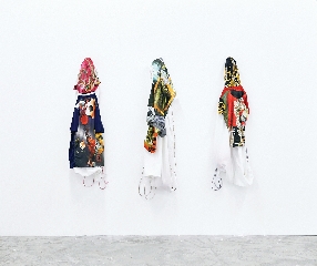 Chalisée Naamani, Vestiaire, 2019-2020, Various dimensions, Printed sports jerseys, found scarves, white cotton corded sports bag, footballs