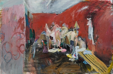 Lucy Ivanova, School Dressing Room, 2021, 120 x 200cm, Oil and mixed media on canvas